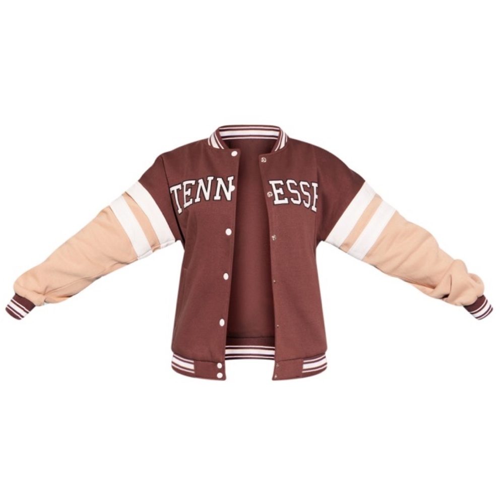 Brown Contrast Sleeve Graphic Varsity Bomber Jacket